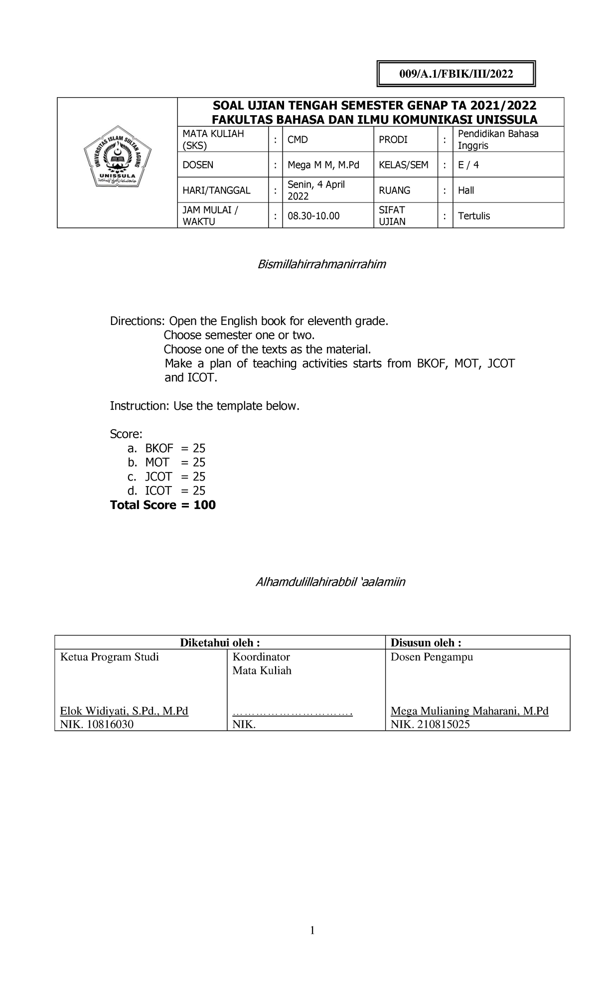 Curriculum and Material Development Mid Test - 1 SOAL UJIAN TENGAH ...