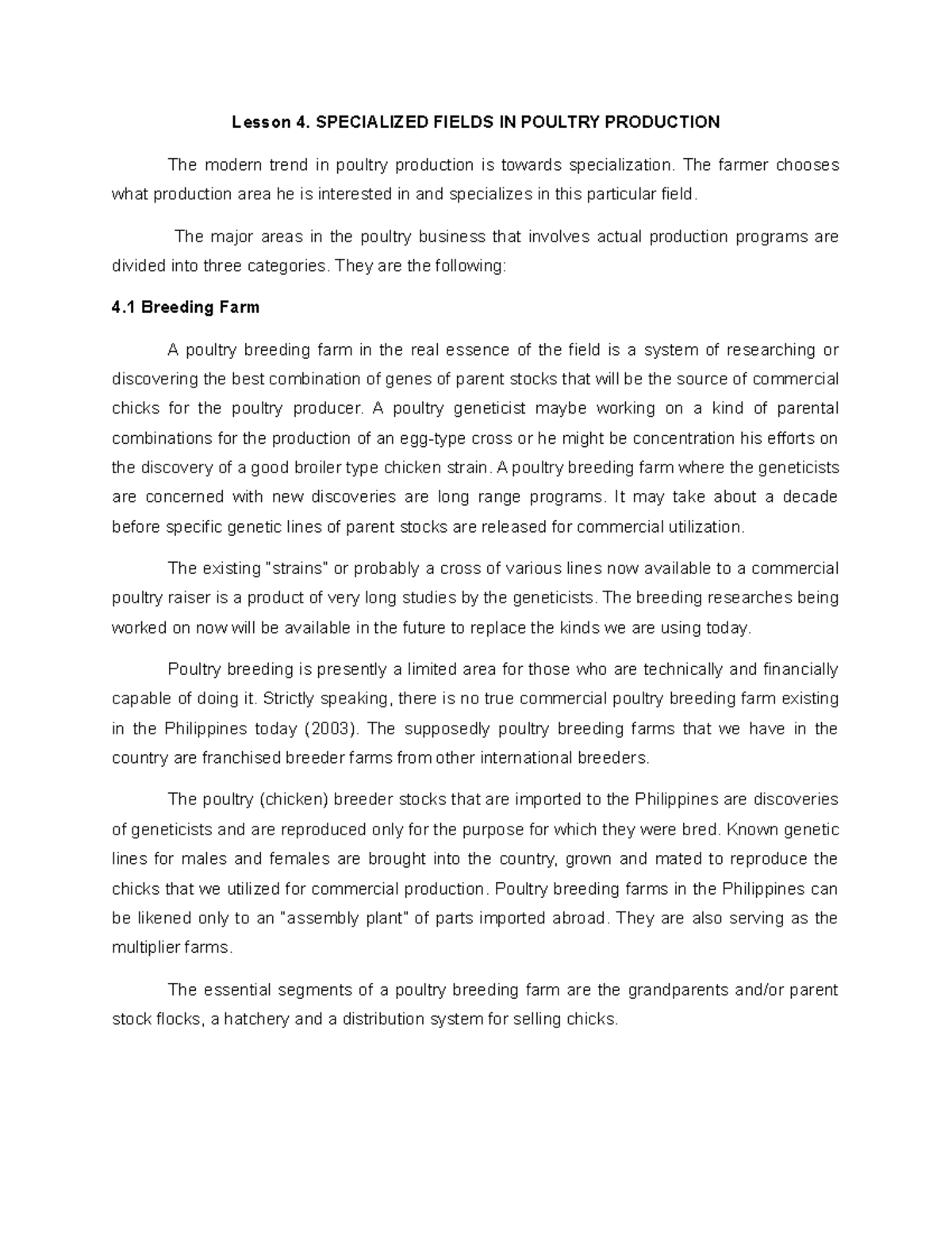 Lesson 4. Specialized Fields IN Poultry Production Lesson 4