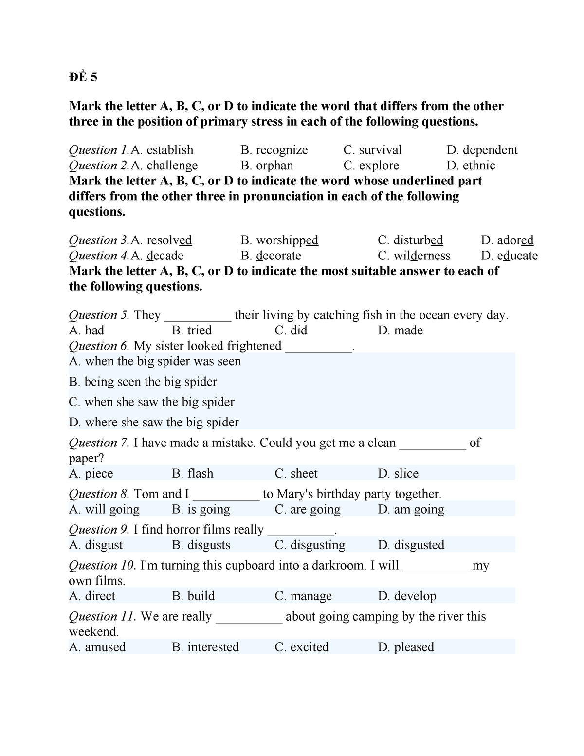 ĐỀ 5 - NOo - ĐỀ 5 Mark The Letter A, B, C, Or D To Indicate The Word ...