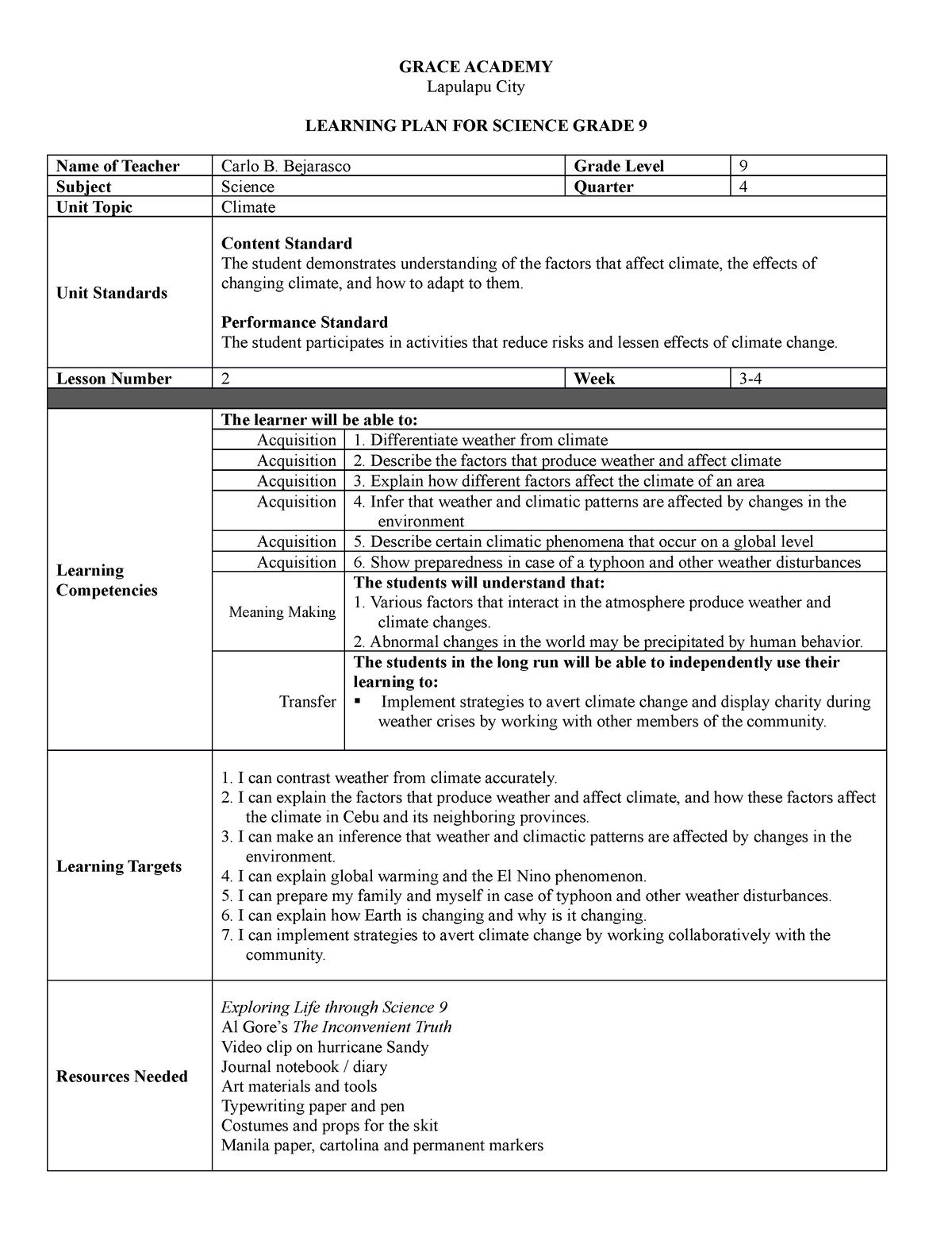 434770986 PEAC Learning Plan Science 2 Docx GRACE ACADEMY Lapulapu   Thumb 1200 1553 