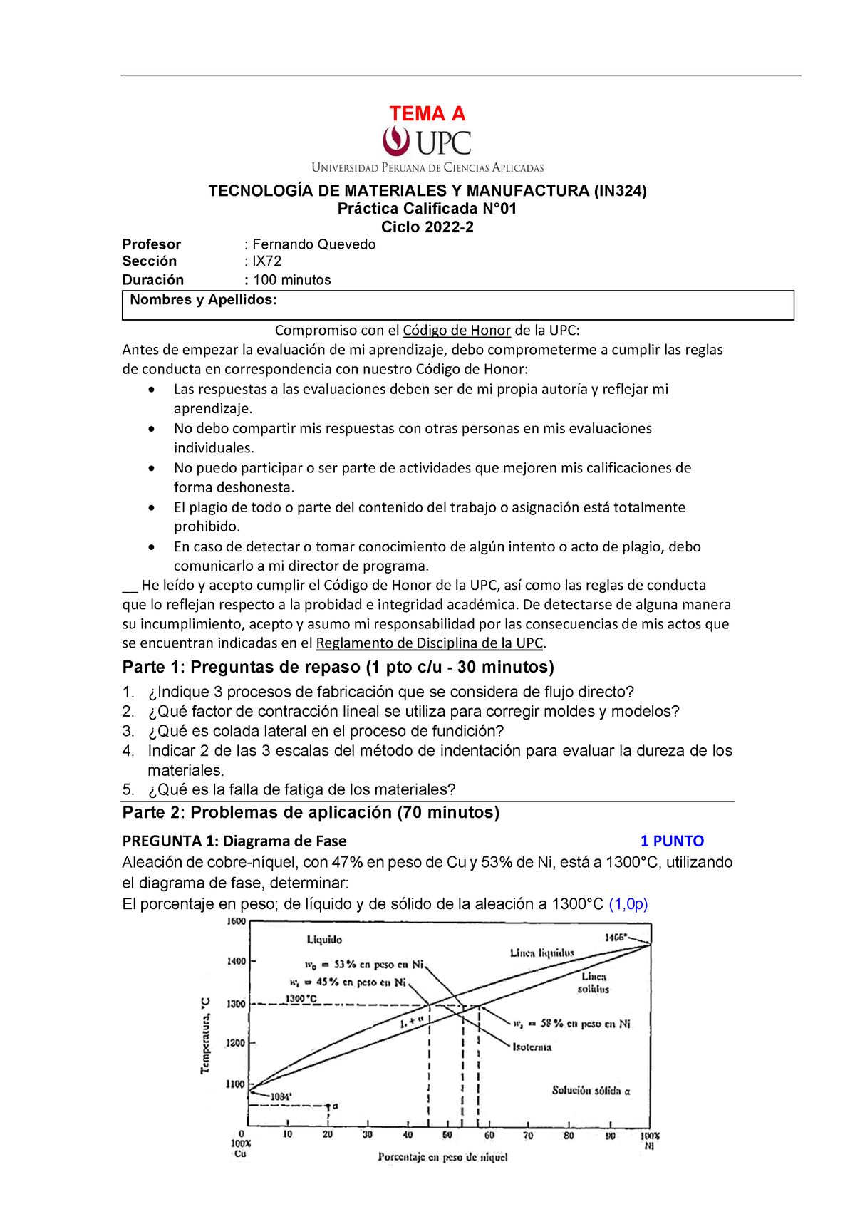 Práctica Calificada 01-IX72-2022-2 - TEMA A TECNOLOGÍA DE MATERIALES Y ...