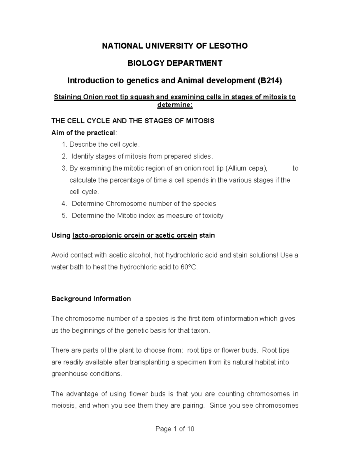 Practical B214 20192 Onion ROOT TIP CELL Cycle, MI AND Chromosome