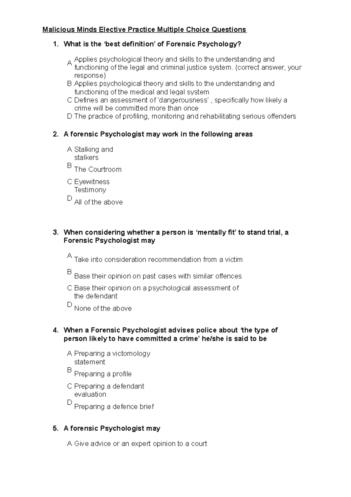 Malicious minds practice questions - Malicious Minds Elective Practice ...