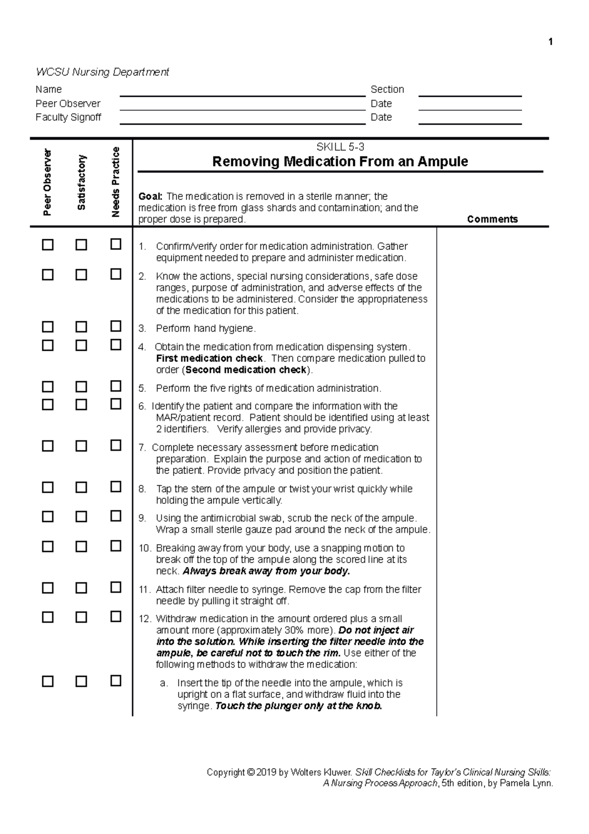 Skill 53 Removing medication from an ampule 2020 1 WCSU Nursing