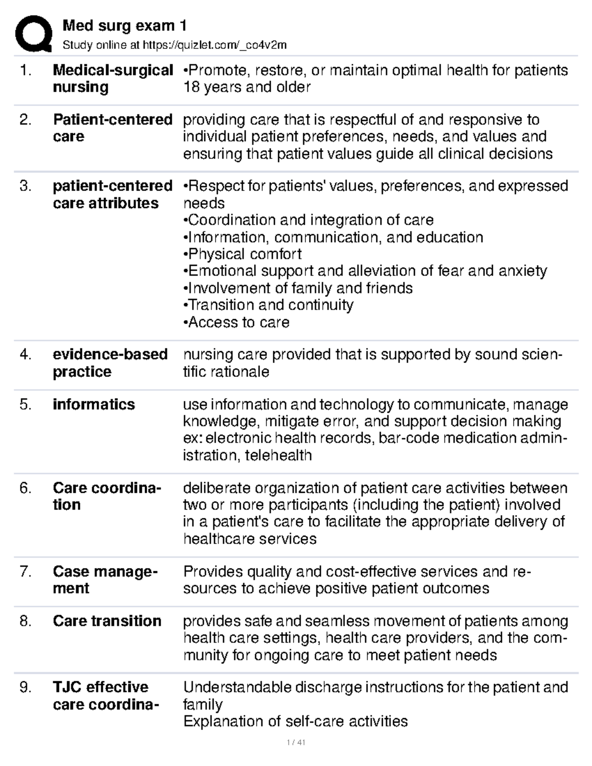 Med Surg Exam 1 Lecture Notes Study online at quizlet/_co4v2m Medical