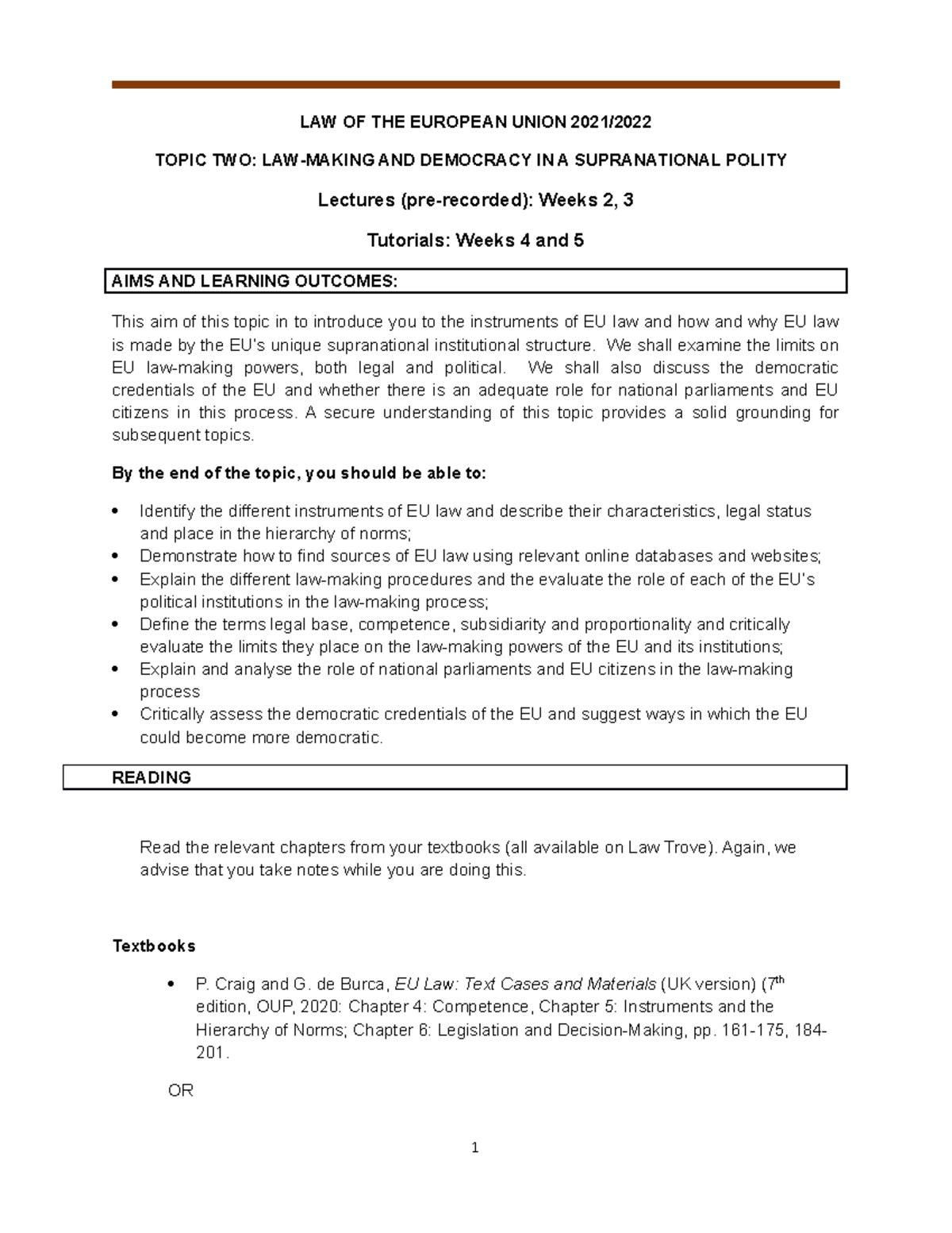 Tutorial 2 - Law-making and democracy - LAW OF THE EUROPEAN UNION 2021 ...