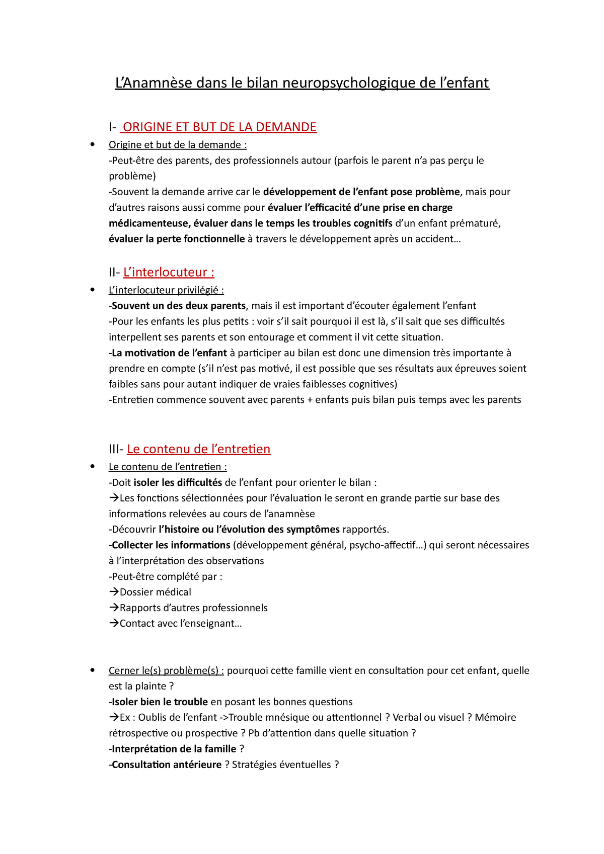 Anamnèse dans le bilan neuropsychologique de l’enfant  L’Anamnèse dans