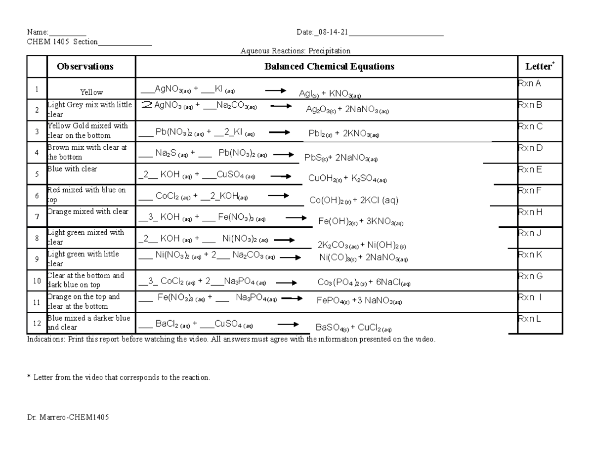 Precipitation Rxns Lab Report-marrero - Name:chem 1405 Section 