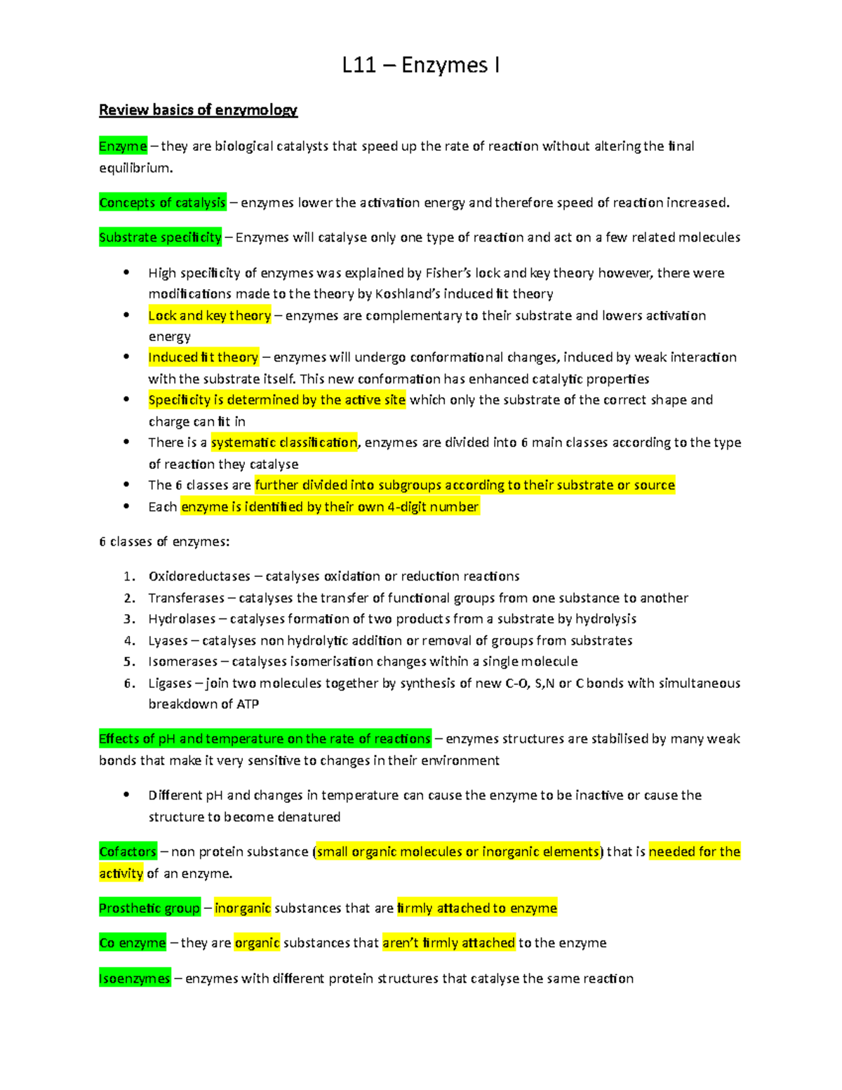Lecture 11 - enzymes part 1 - L11 – Enzymes I Review basics of ...