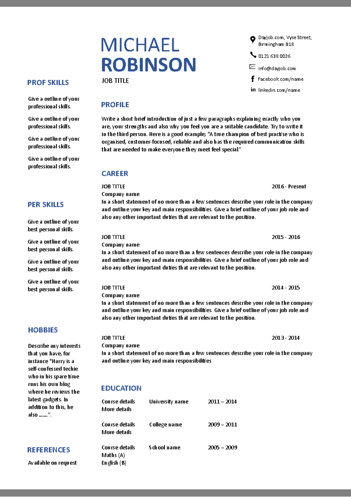 Free CV template 18 1 page - Give a outline of your best personal ...