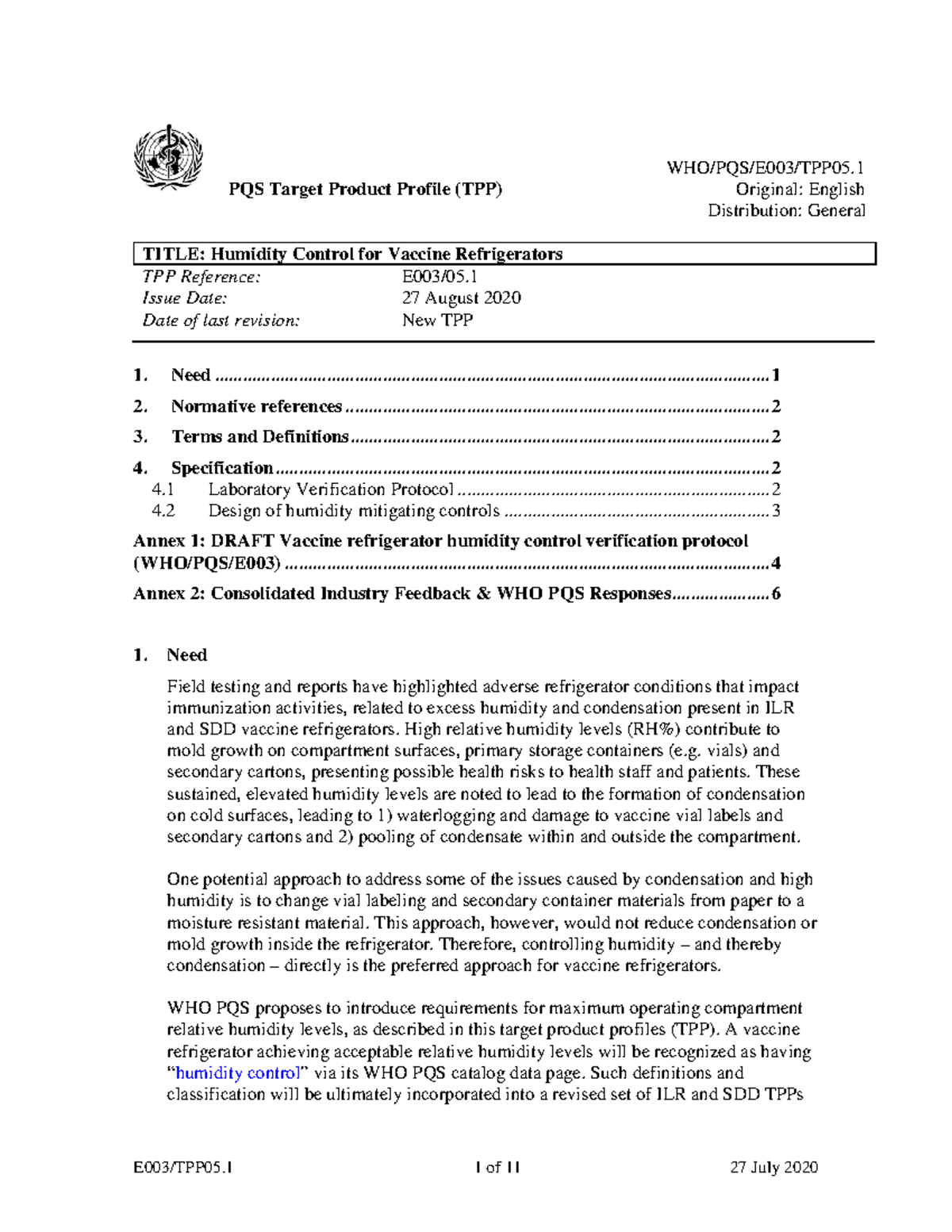 E003 TPP for Humidity Control - WHO/PQS/E003/TPP05. PQS Target Product ...