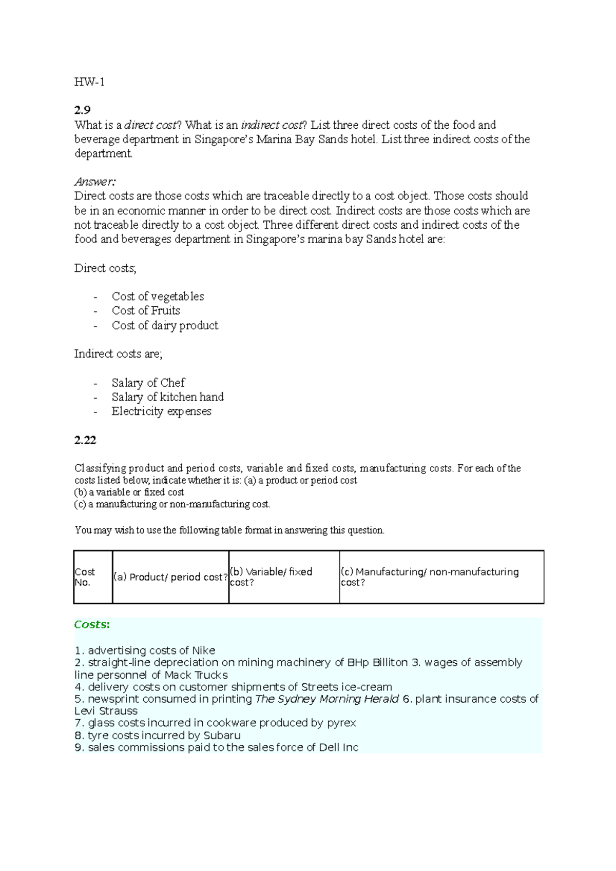 HW Week-2 - tutorial - HW- 2. What is a direct cost? What is an ...