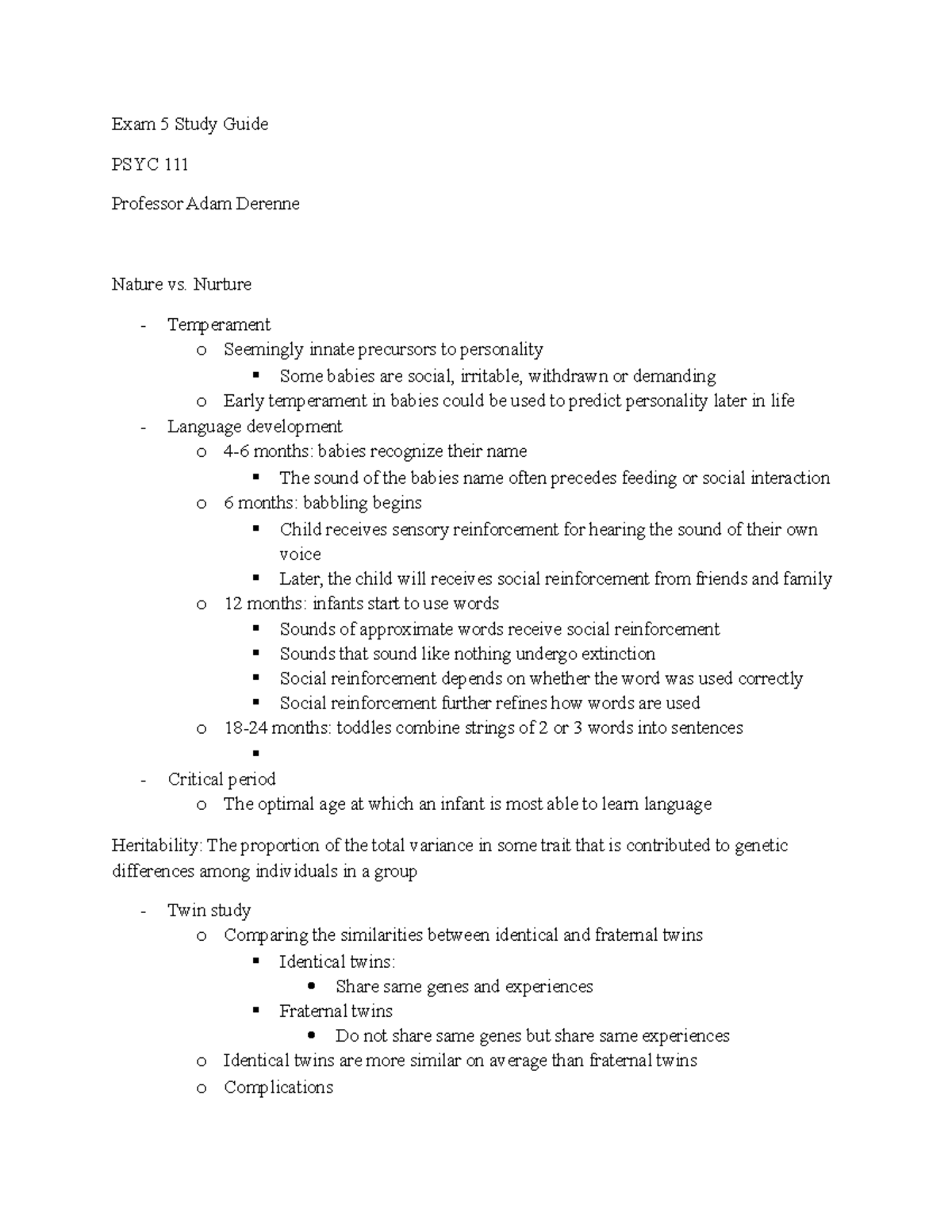 Exam 5 Study Guide - Prof. Adam Derenne - Exam 5 Study Guide PSYC ...