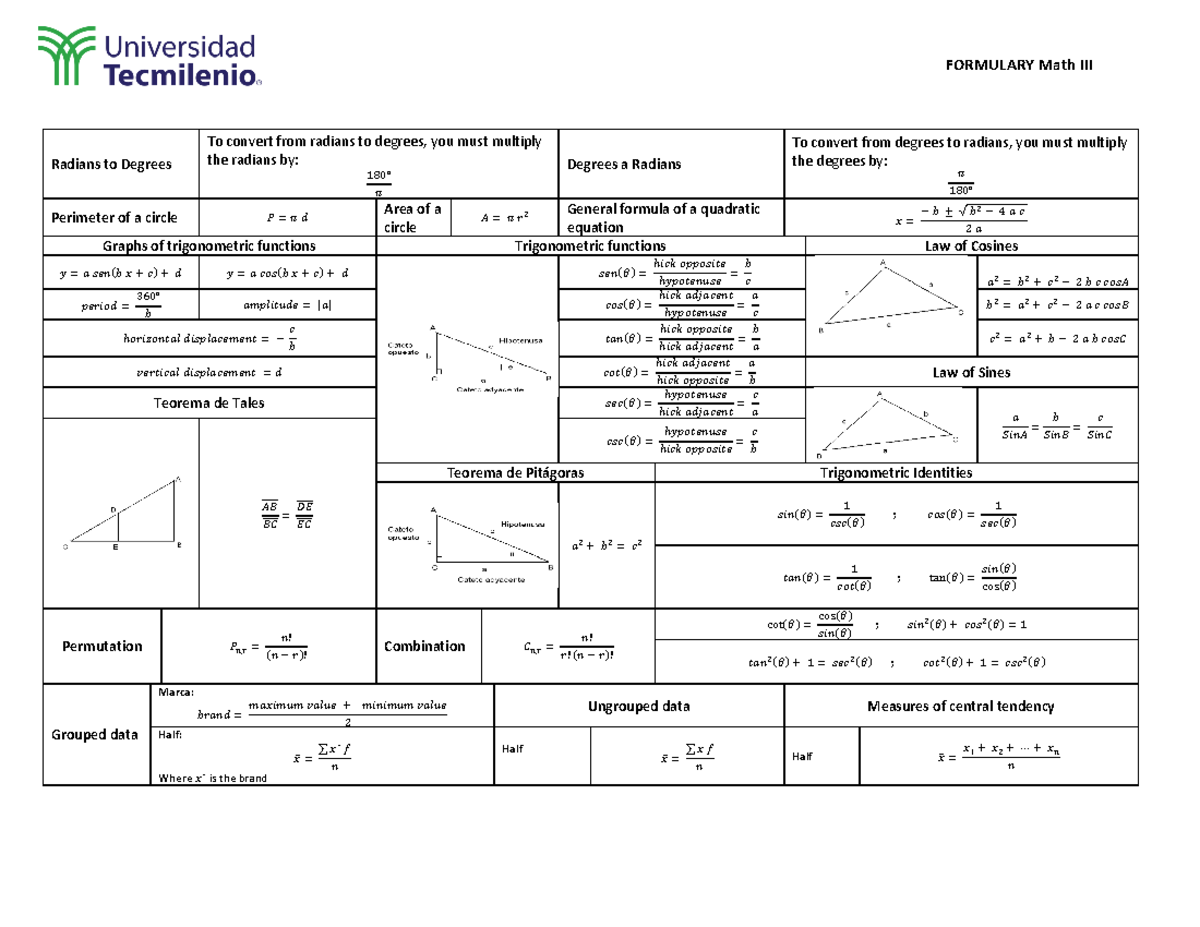 Formulary+Math+III - Formulario - FORMULARY Math III Radians to Degrees ...