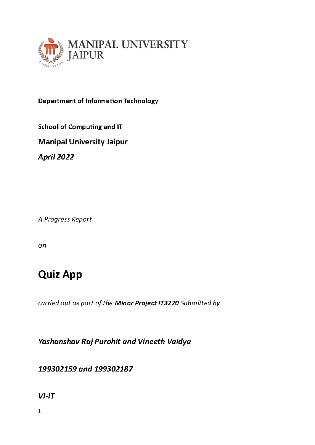 Yashanshav and Vineeth IT-6C Mid Term Minor Project Report - Department ...