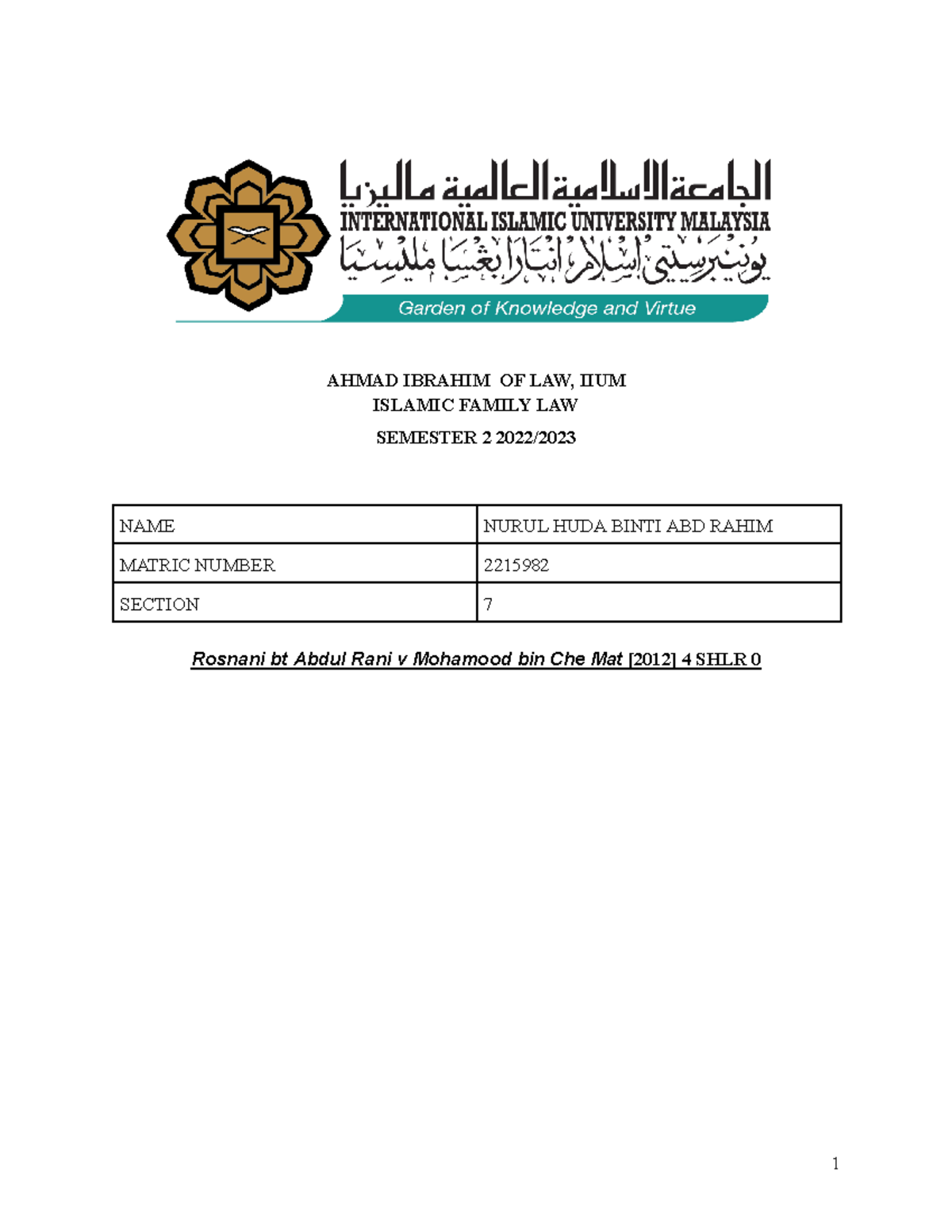 Case review ifl ( individual ) - AHMAD IBRAHIM OF LAW, IIUM ISLAMIC ...