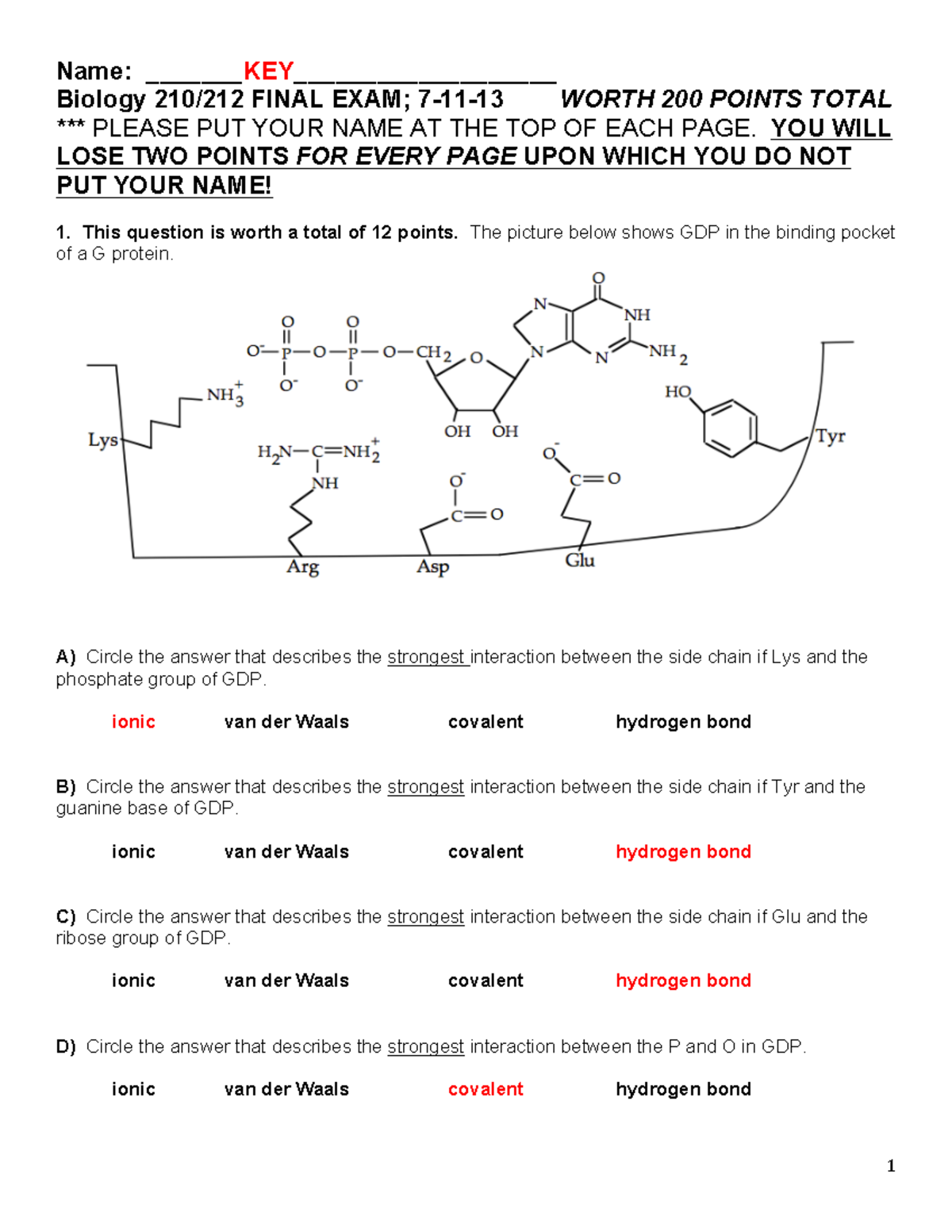 Exam Final (13) - Biology 210/212 FINAL EXAM; 7-11-13 WORTH 200 POINTS ...