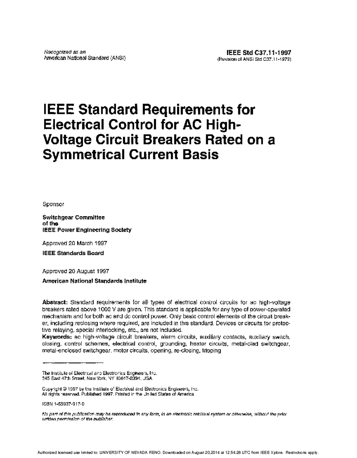 IEEE Standard Requirements for Electrical Control for AC High Voltage