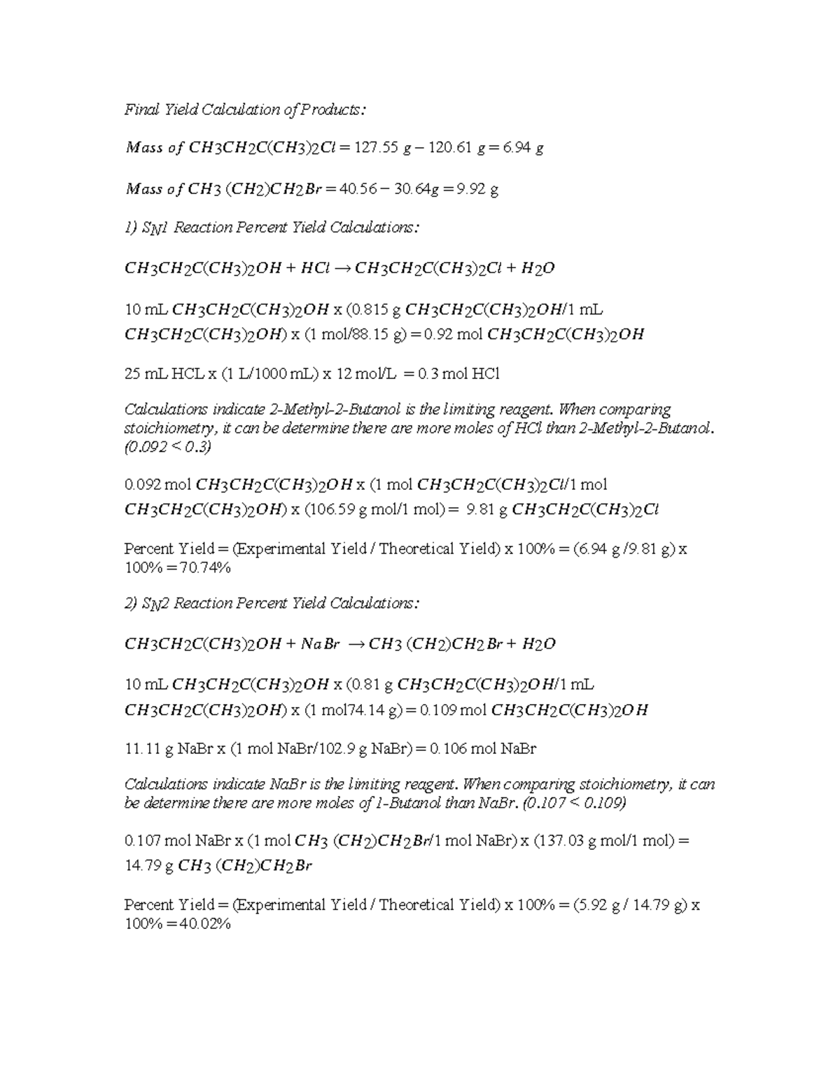 Lab 6 final yield calculation Final Yield Calculation of Products