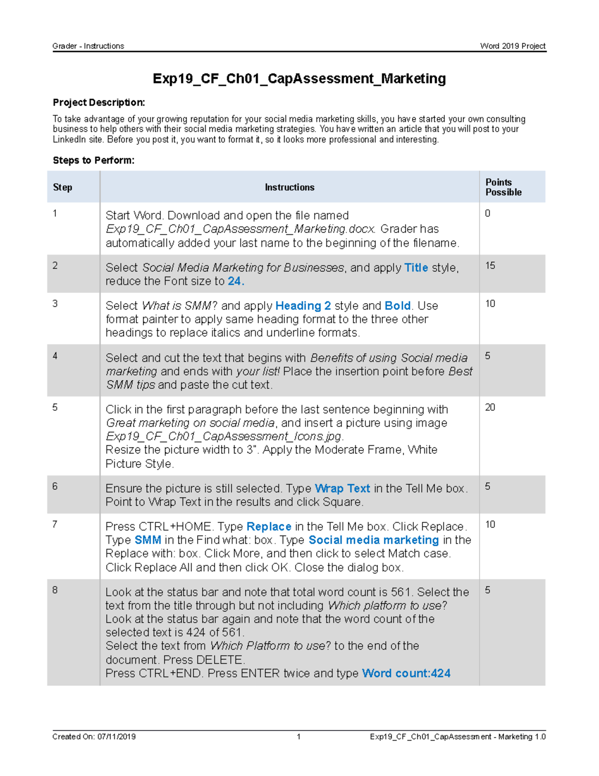 Cap Assessment Marketing Instructions Grader Instructions Word 2019