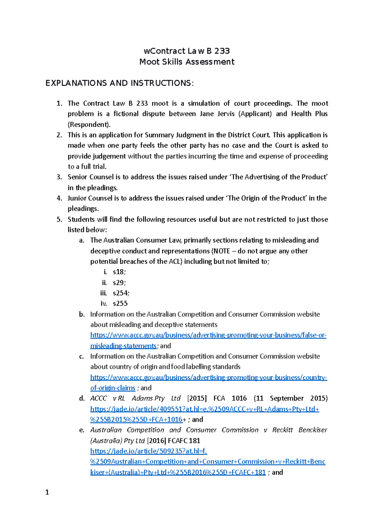 Slim Right moot problem 233 - wContract Law B 233 Moot Skills ...