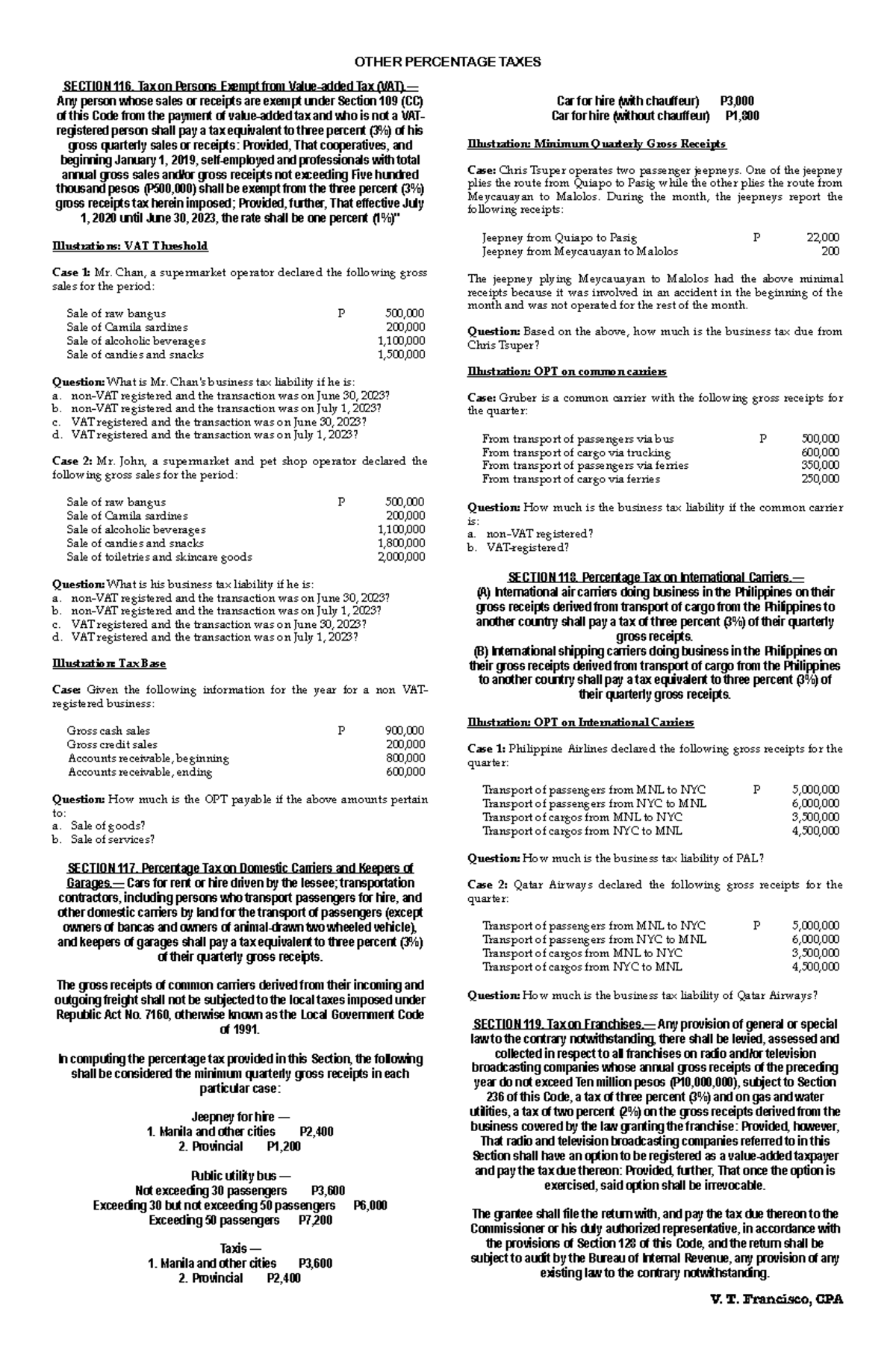 01 Other Percentage Taxes - SECTION 116. Tax on Persons Exempt from ...