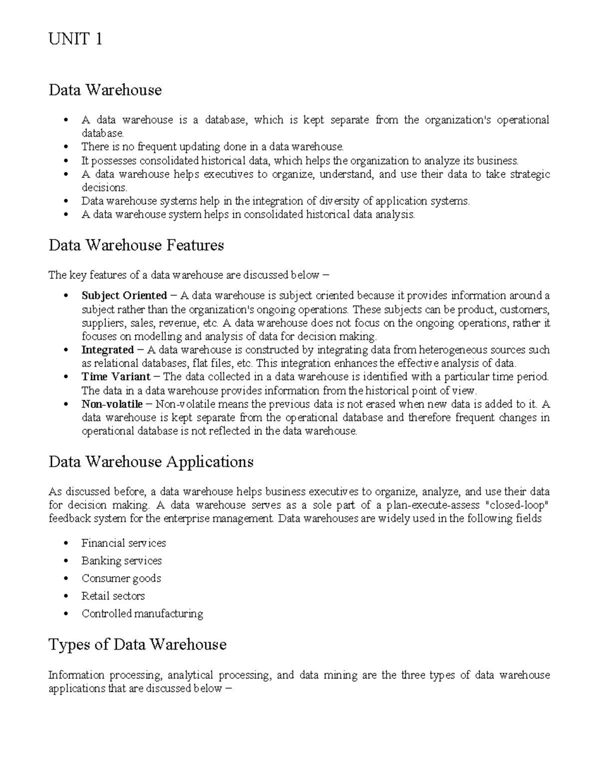Unit 1 (DWDM) mba - UNIT 1 Data Warehouse A data warehouse is a ...