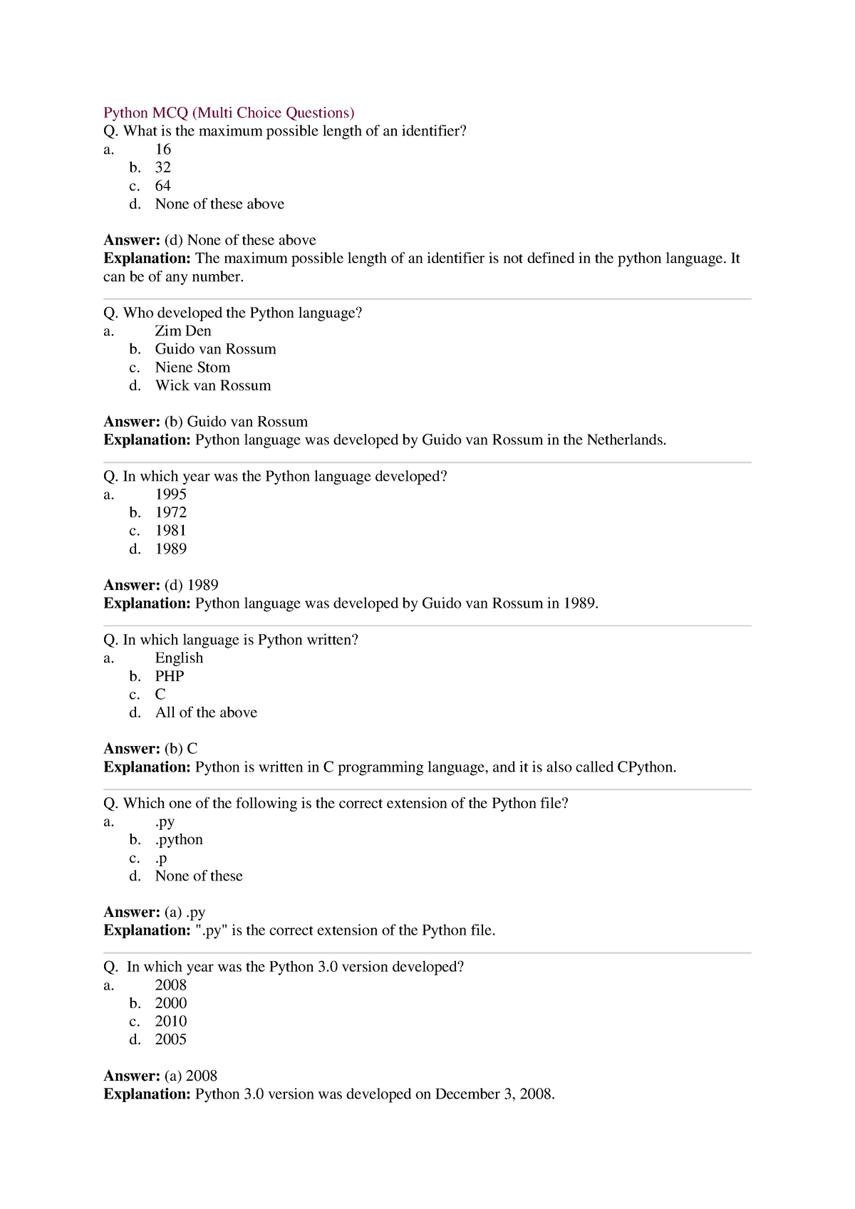 Python And ML MCQ - Python MCQ (Multi Choice Questions) Q. What Is The ...