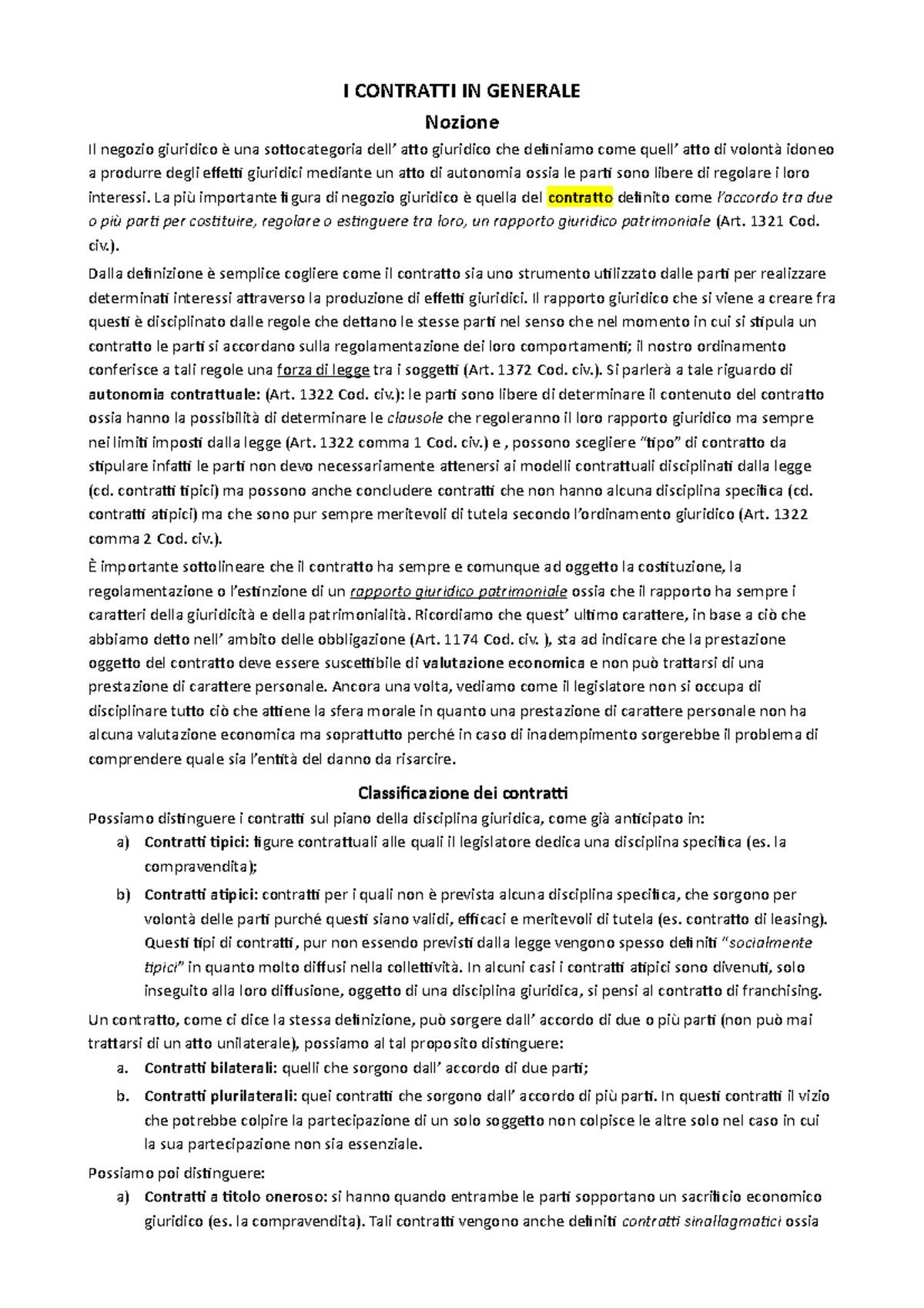 IL Contratto, Diritto Privato - I CONTRATTI IN GENERALE Nozione Il ...