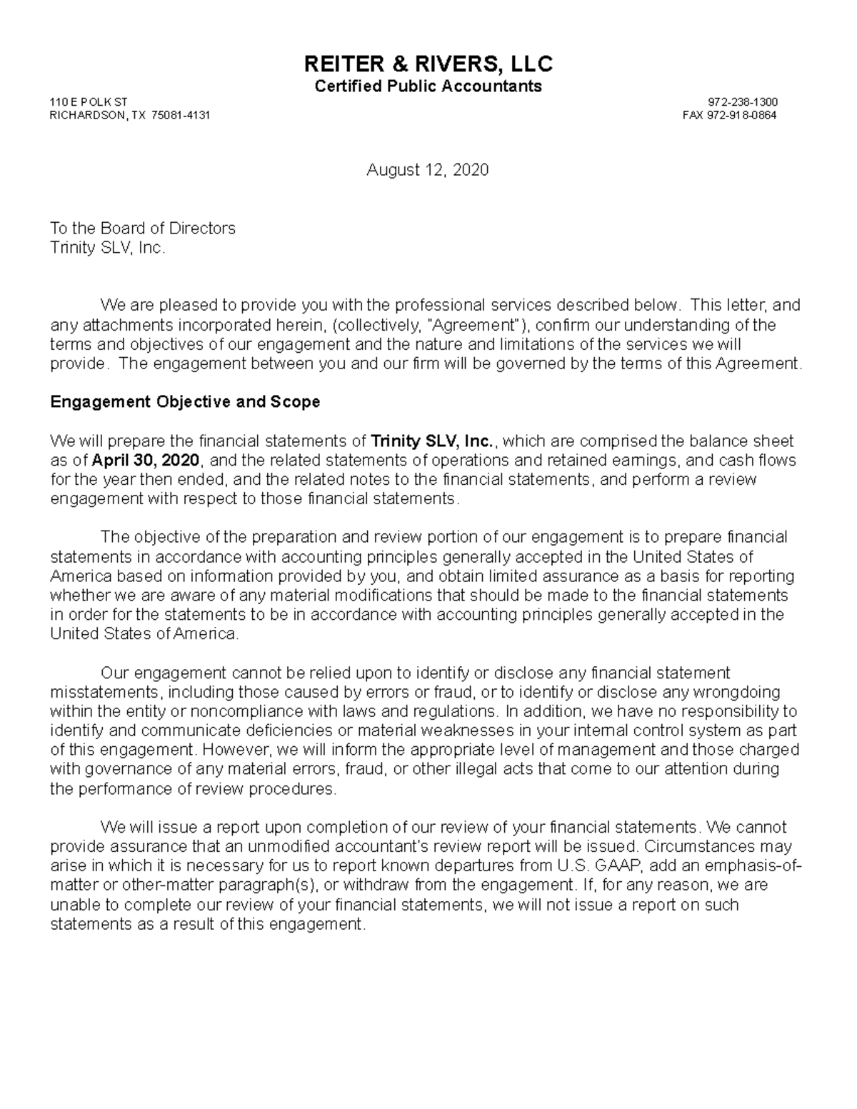 Review-2020-08-Review Engagement Letter - REITER & RIVERS, LLC ...