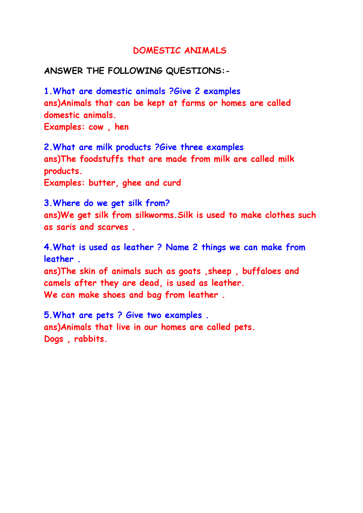 Domestic Animals - answers - DOMESTIC ANIMALS ANSWER THE FOLLOWING  QUESTIONS:- 1 are domestic - Studocu