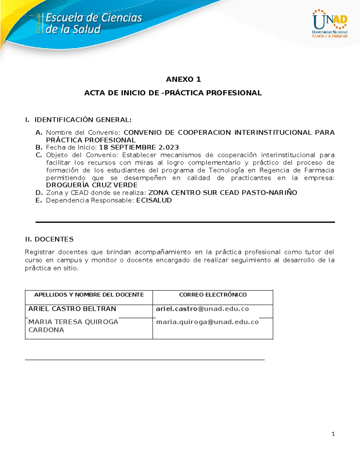 Anexo 1 - Acta de Inicio de practica profesional - ANEXO 1 ACTA DE ...