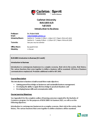 BUSI 1800 (A) - Course Outline (F21) Final - Carleton University Sprott ...