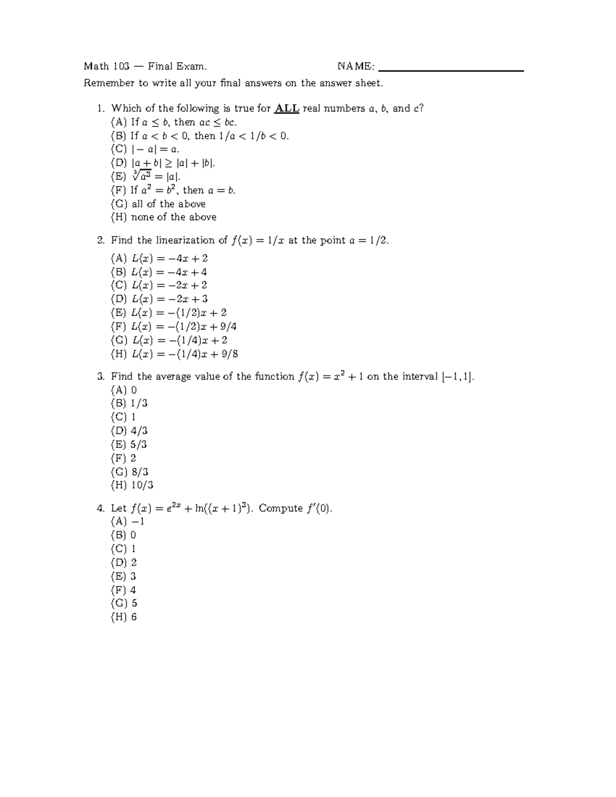 103s04 Finals Practice Questions Math 103 Final Exam Name Remember To Write All Your Final Studocu