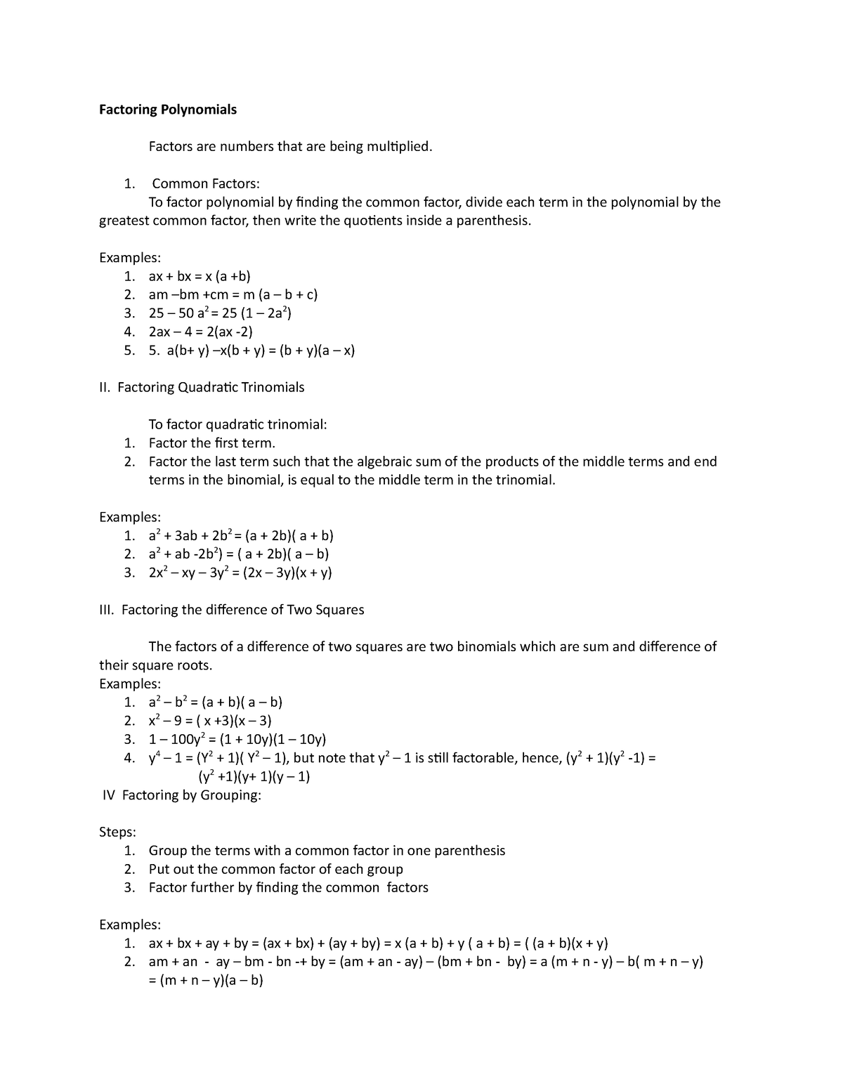 Factoring Polynomials 2 Math In The Modern World Factoring Polynomials Factors Are Numbers That Studocu