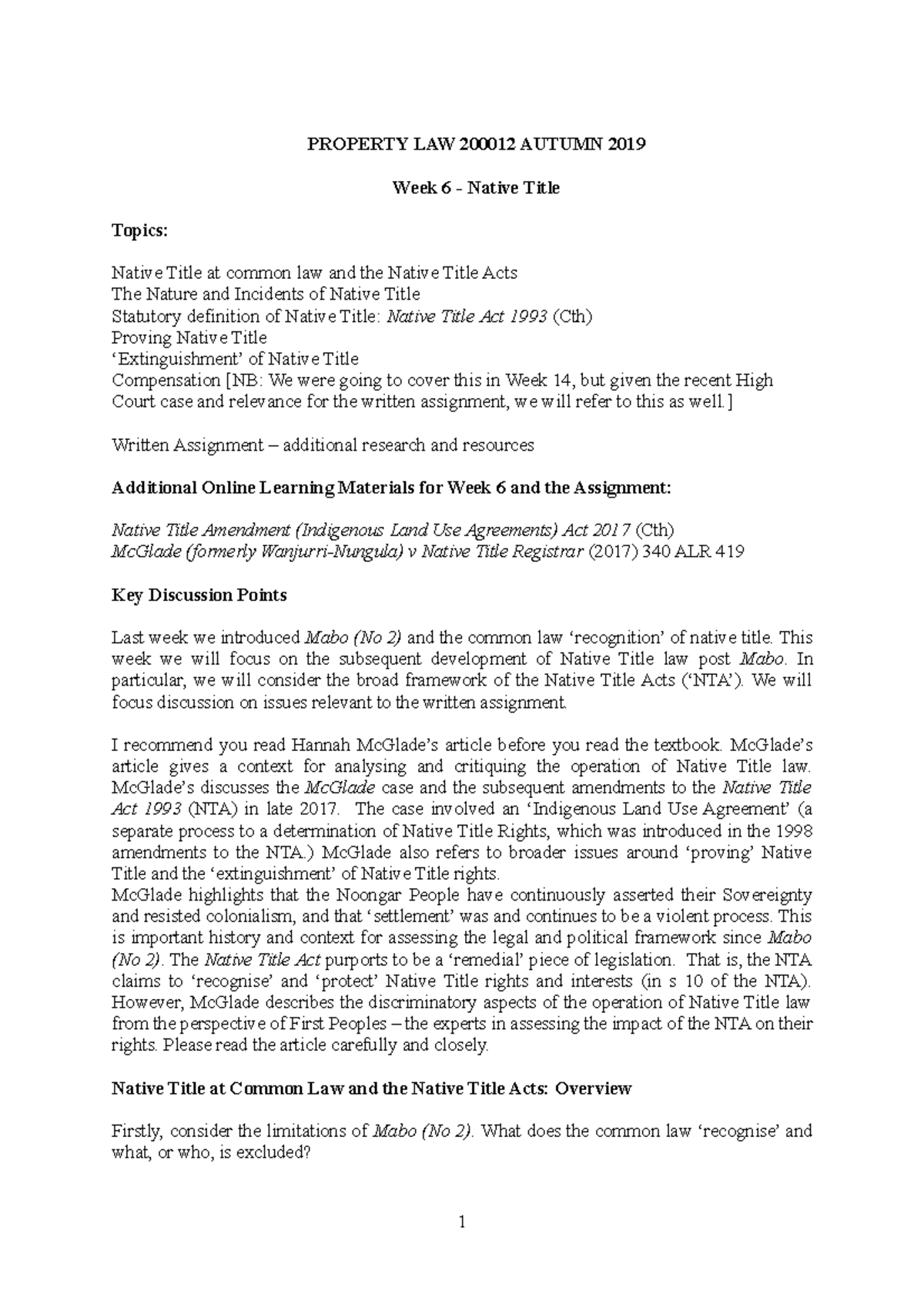 Week 6 - Native Title - PROPERTY LAW 200012 AUTUMN 2019 Week 6 - Native ...