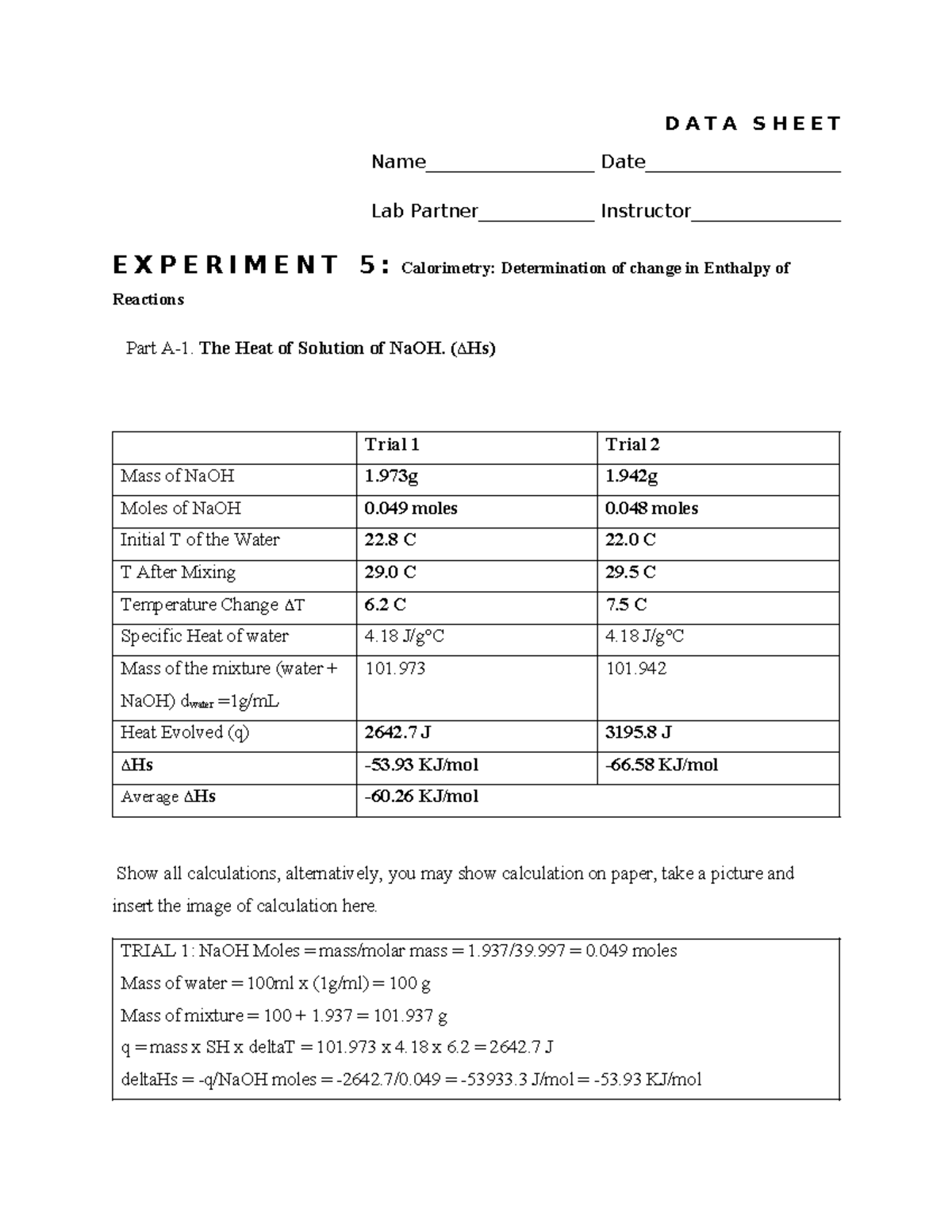 CHM1046L Exp 5 Data Sheet Experiment 5 - D A T A S H E E T Name ...