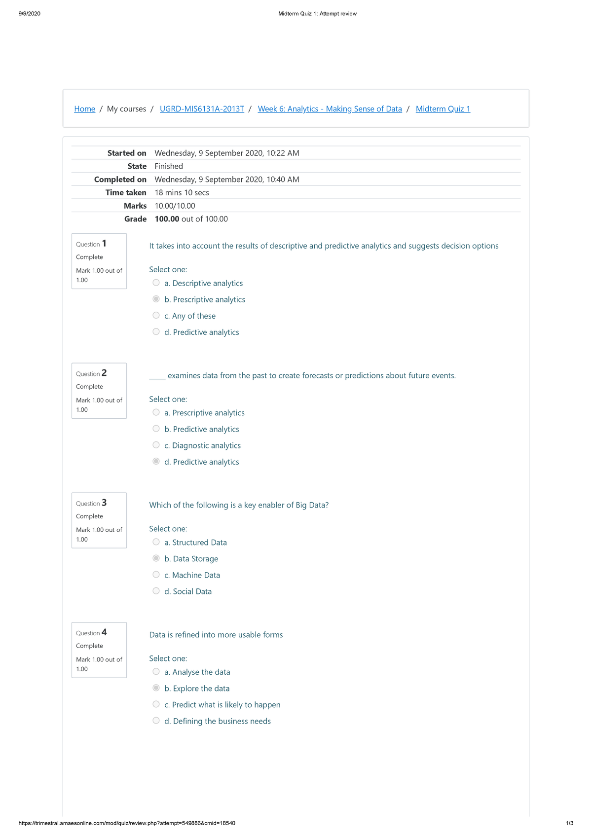 Midterm Quiz 1 Attempt Review - 9/9/2020 Midterm Quiz 1: Attempt Review ...