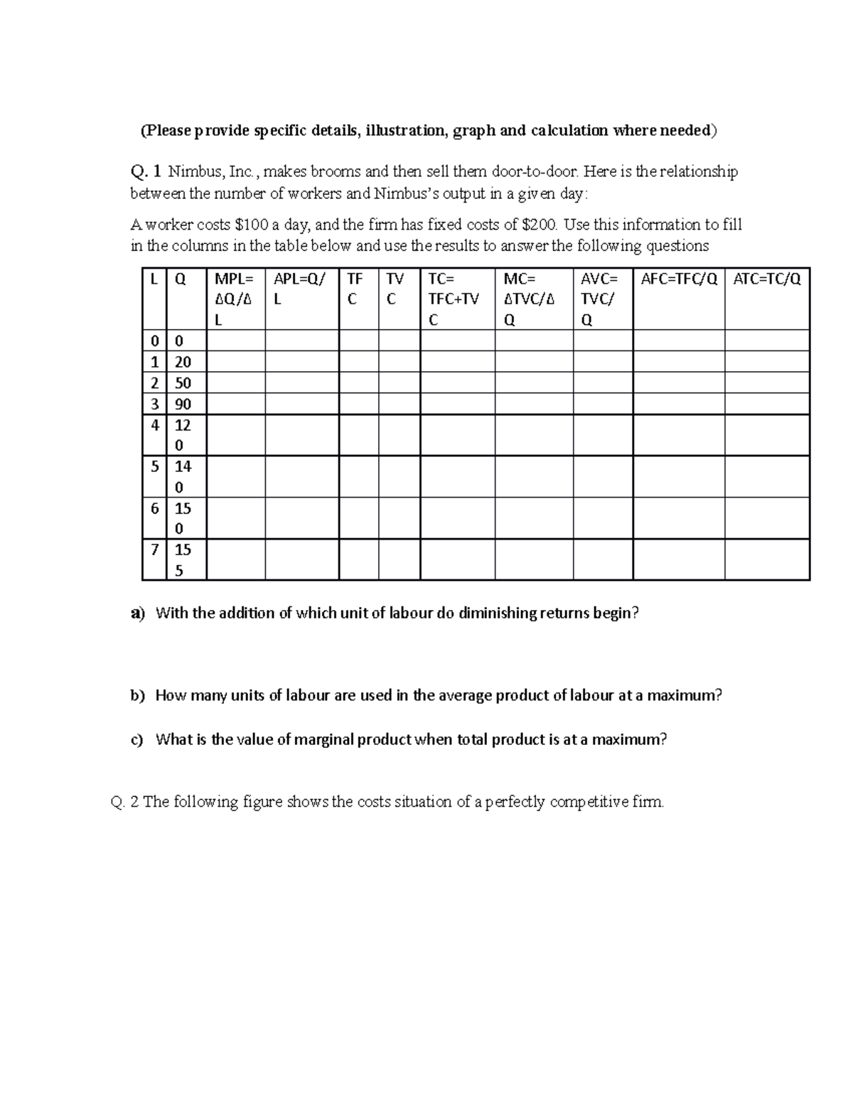 Perfect competition in class excercise (Please provide specific