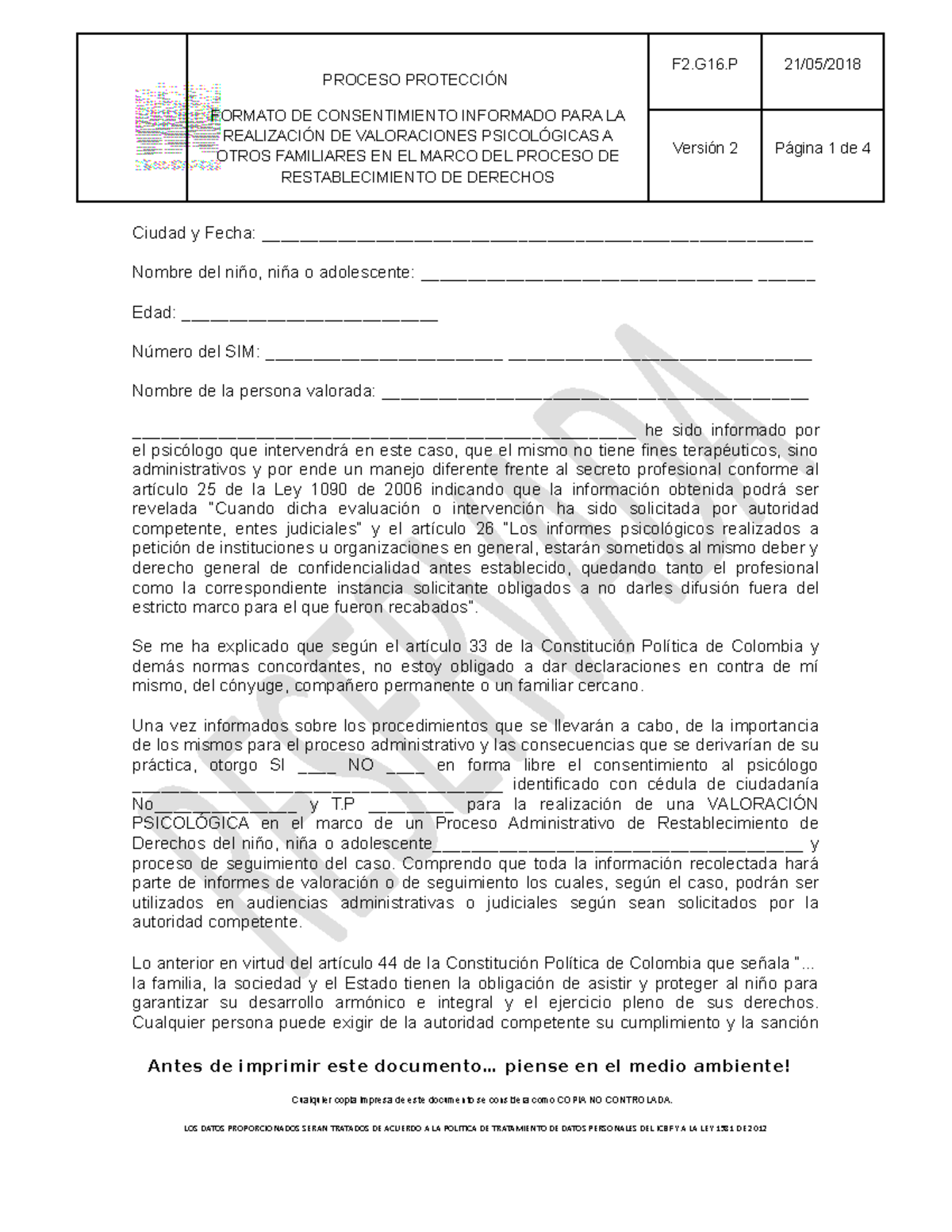 Consentimiento De Intervencion Juridica - PROCESO PROTECCIÓN FORMATO DE ...