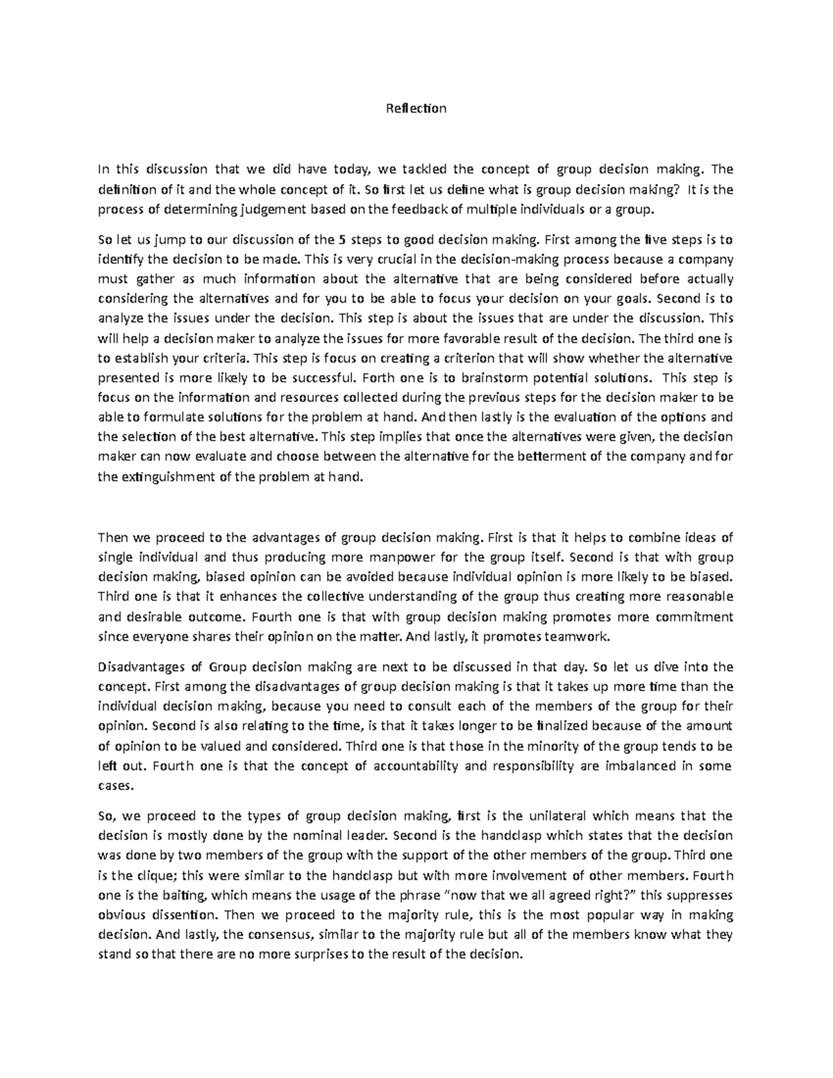 Concept of Group Decisoon Making - Reflection In this discussion that ...