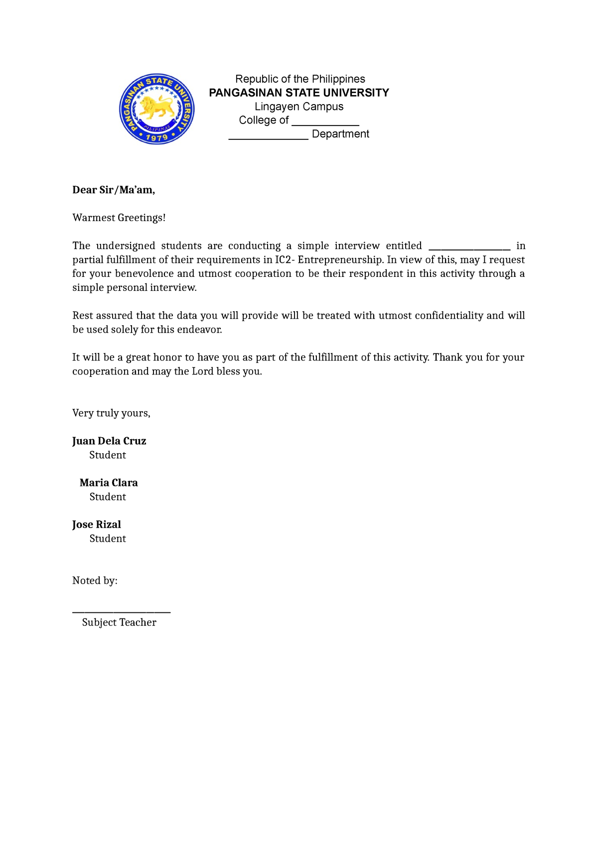 Ic2-entrepreneurship-letter - Republic Of The Philippines Pangasinan 