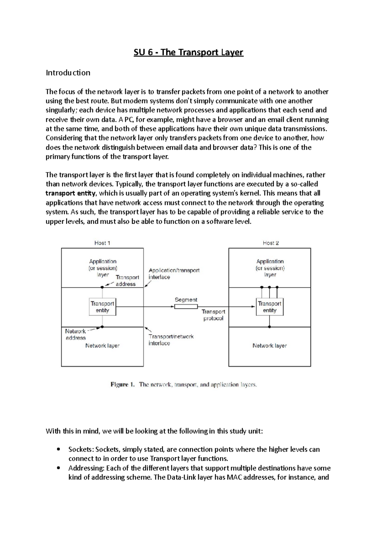 `SU6 - Summary of lesson - SU 6 - The Transport Layer Introduction The ...