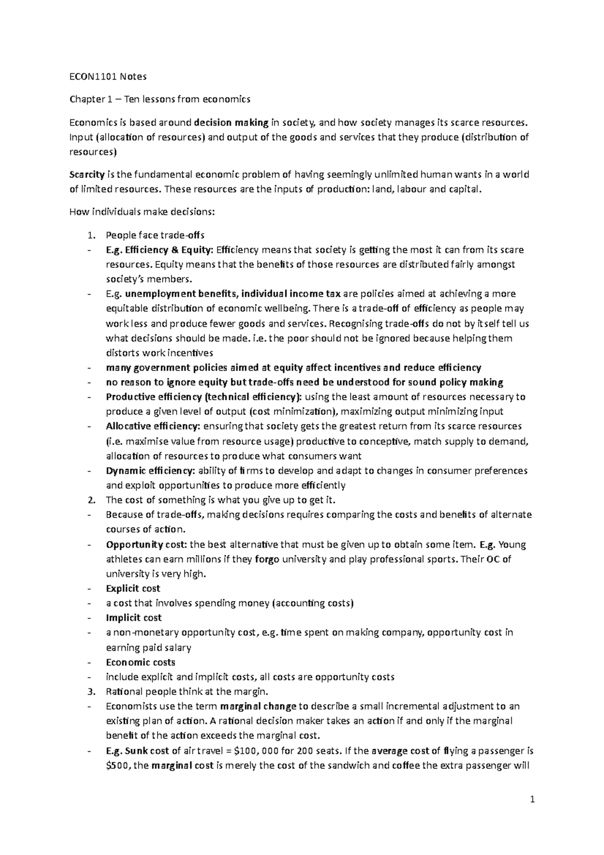 Summary Microeconomics - ECON1101 Notes Chapter 1 Ten lessons from ...