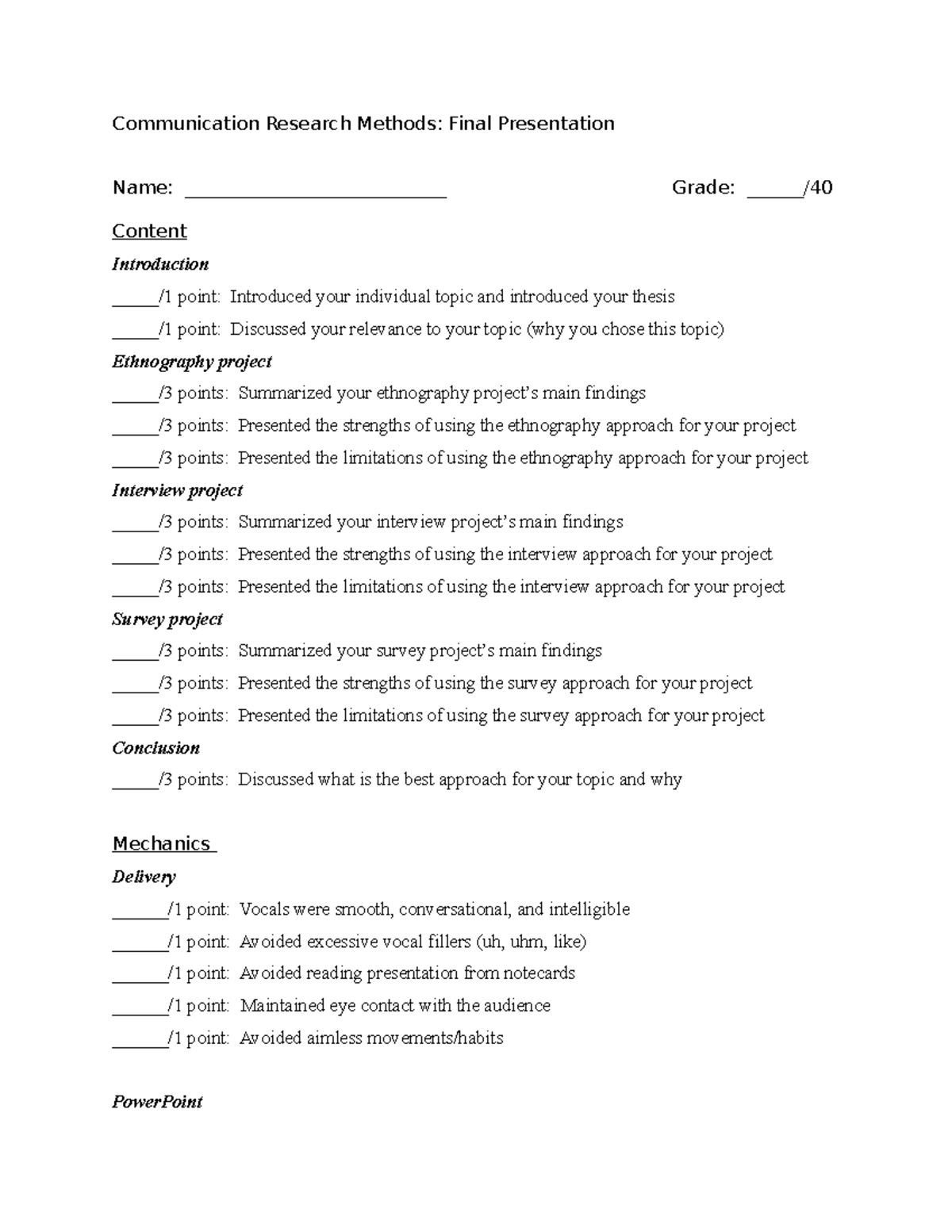 Final Presentation Grading Rubric - Communication Research Methods ...