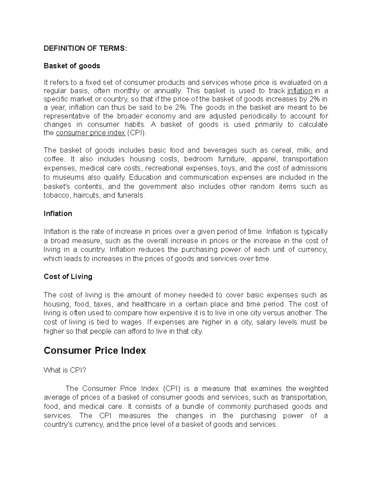 Reporteconomics Economics DEFINITION OF TERMS Basket of goods It