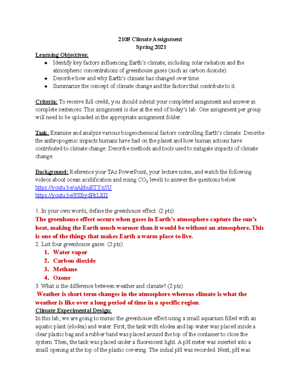Climate Inclass activity 2108 Climate Assignment Spring 2021 Learning Objectives Identify
