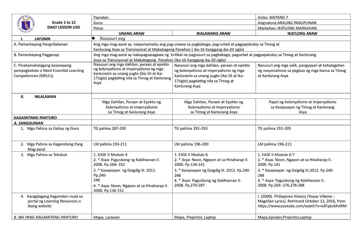 Dll 1 3 Daily Lesson Log Ap 7 Quarter 3 Week 1 Grade 1 To 12 Daily Lesson Log Paaralan 9512