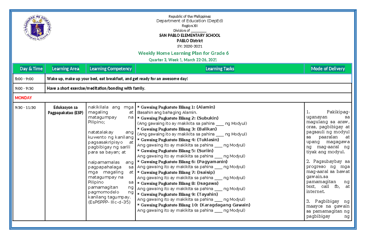 Grade 6 ALL Subjects WHLP Q3 W1 - Weekly Home Learning Plan for Grade 6 ...
