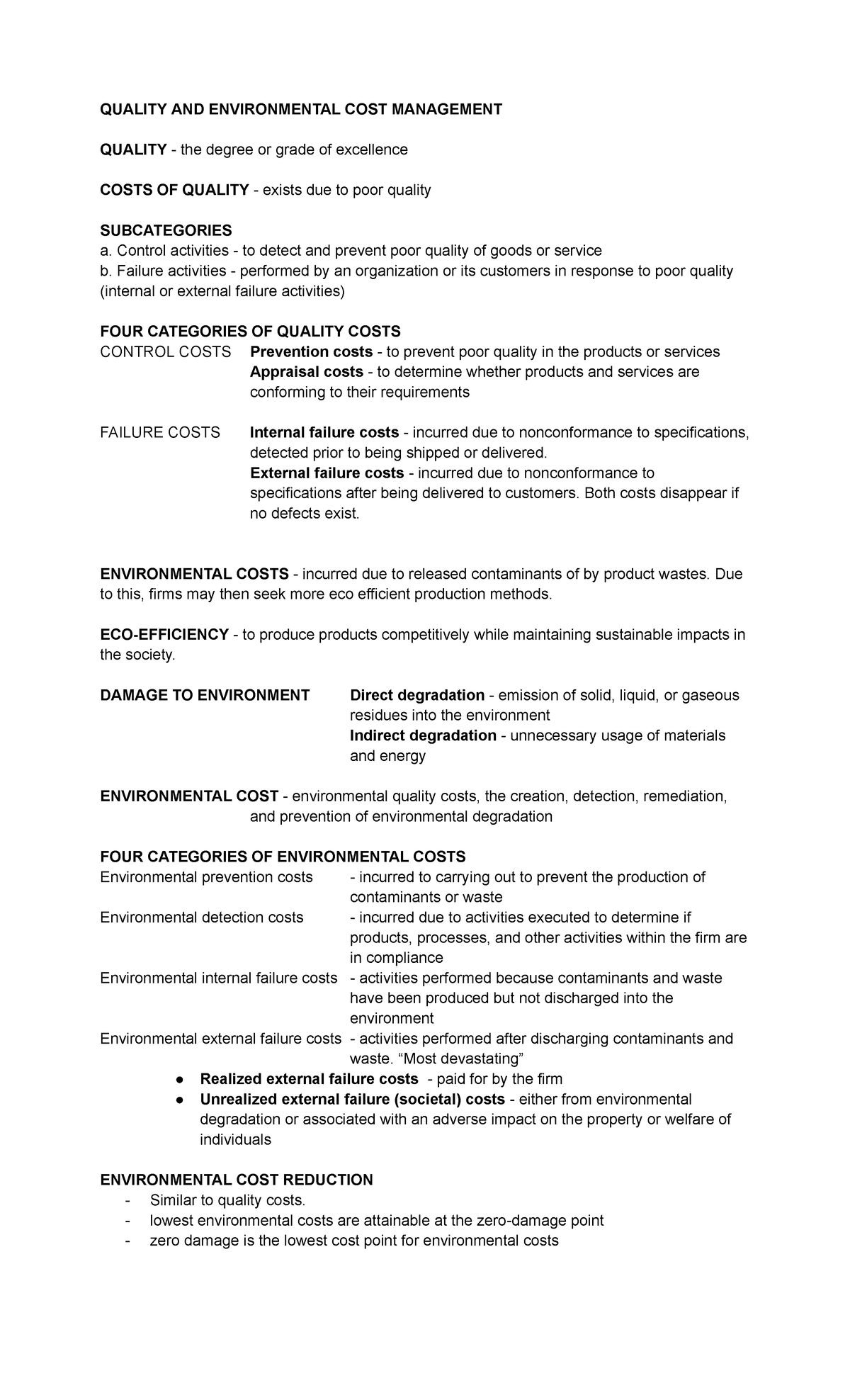 Note 7 - Quality AND Environmental COST Management - QUALITY AND ...